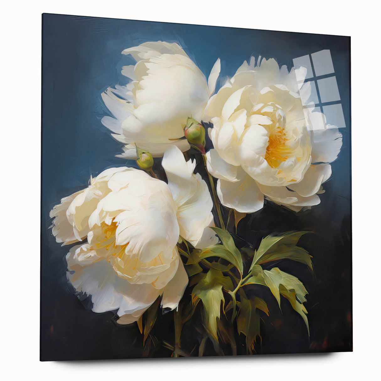 Acrylic glass wall art showcasing a botanical peony design in vibrant colors, artistically displayed from a side view, perfect for home decor enhancement.