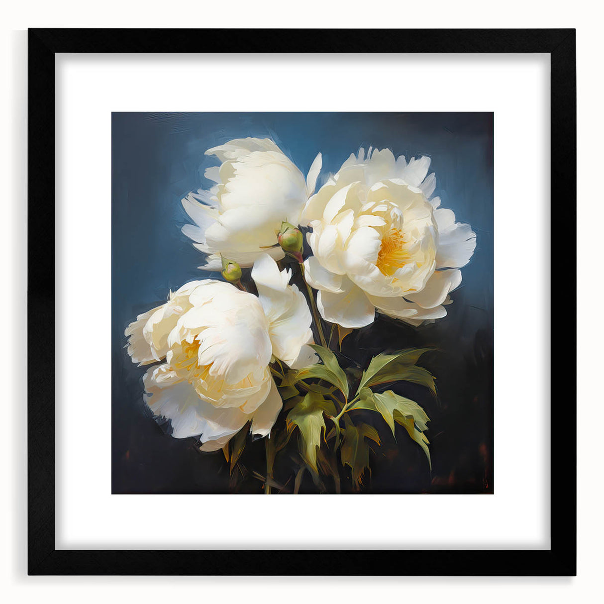 Framed botanical wall art featuring a vibrant peony design in a black frame with a white mat, perfect for home decor and floral enthusiasts. Ideal for adding elegance to any room.