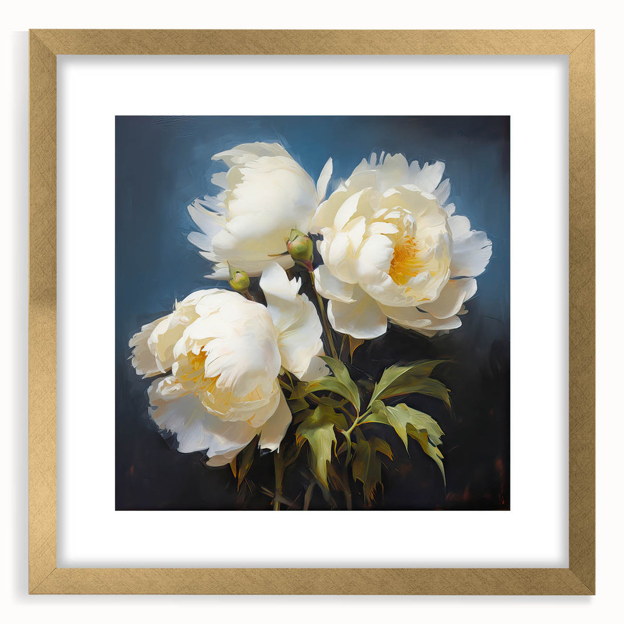 Elegant botanical wall art featuring a peony design in a gold frame with matting, perfect for home decor. Ideal for adding a touch of nature to any room.