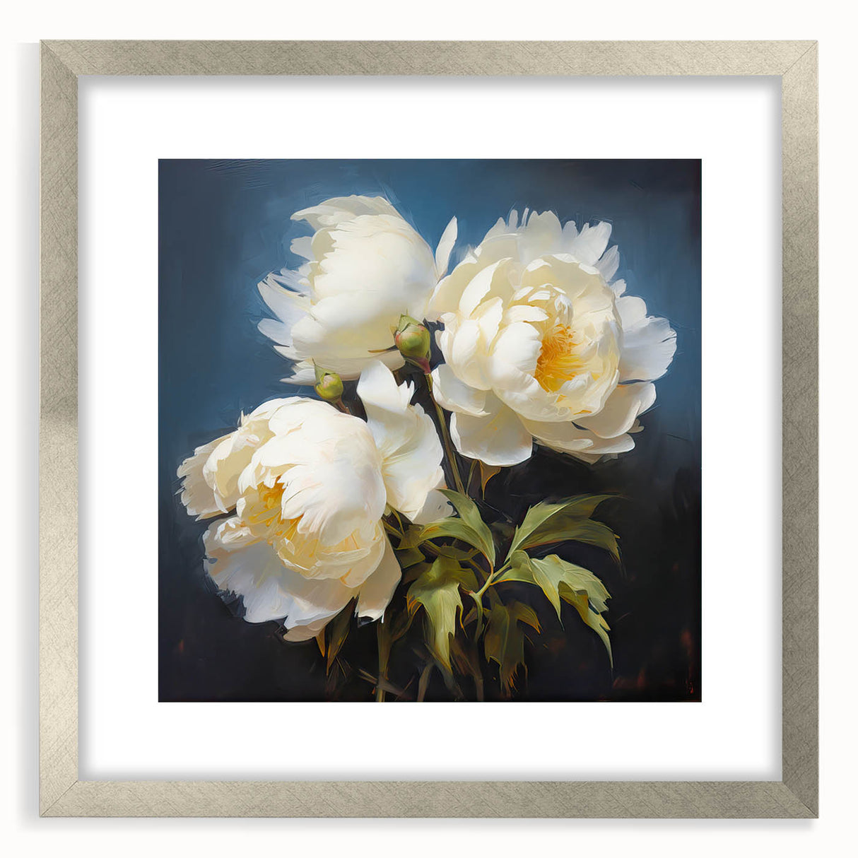Elegant botanical wall art featuring a peony design in a silver frame with matting, showcasing vibrant colors and intricate details, perfect for home decor.