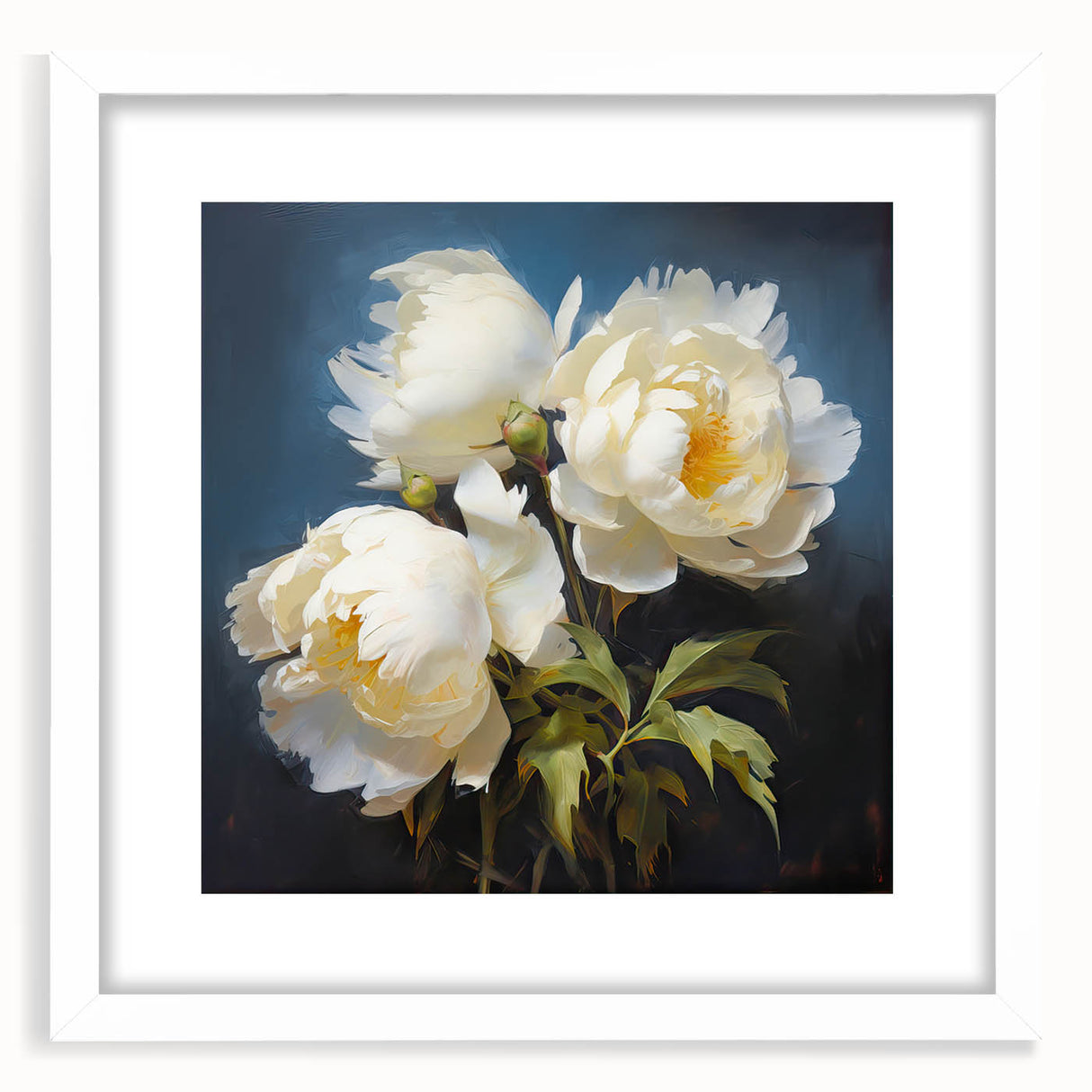 Botanical peony wall art design featuring vibrant pink and white flowers in a sleek white frame with a mat, ideal for enhancing home decor elegance.