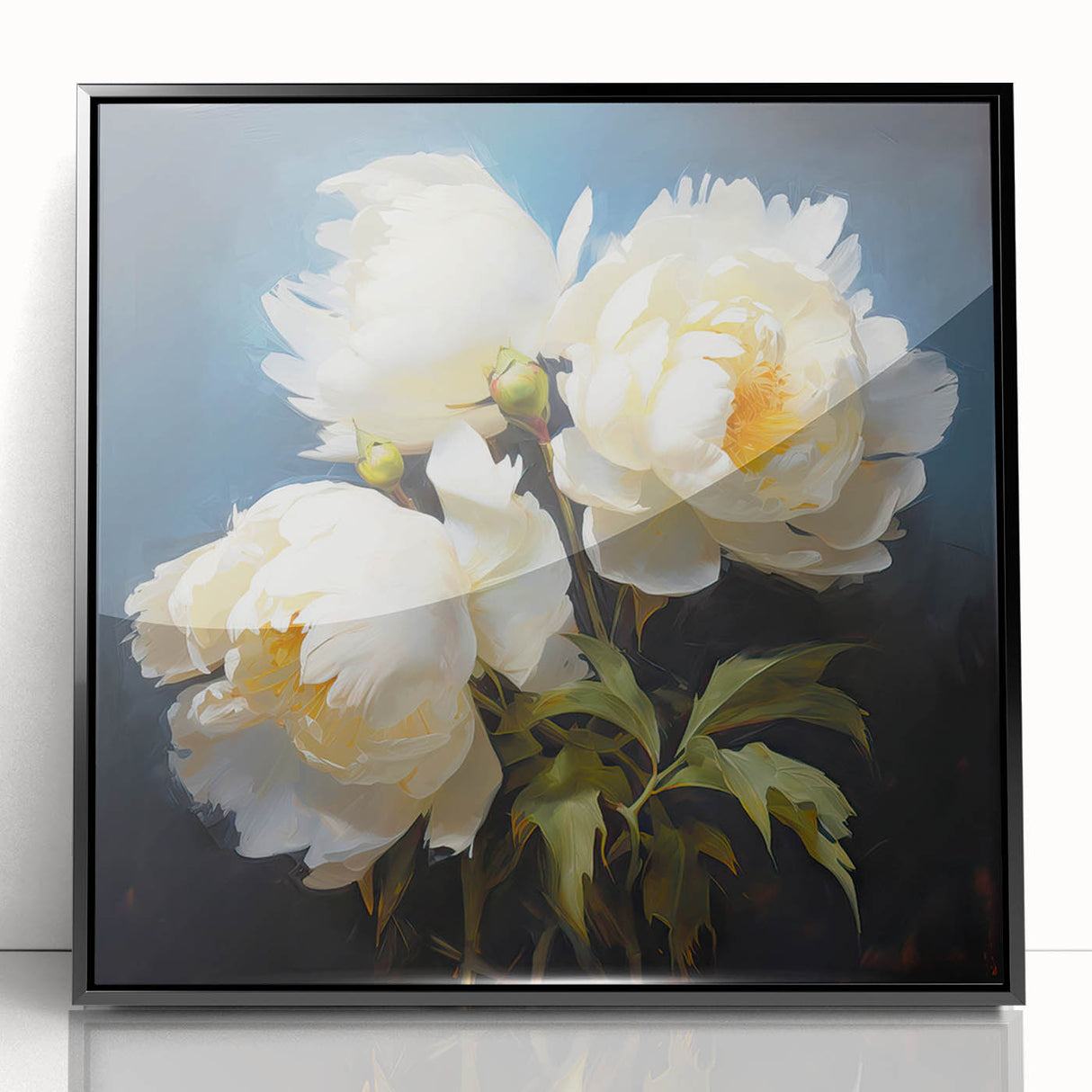 Framed wall art featuring a botanical peony design in vibrant colors, displayed in a sleek black frame, perfect for adding elegance to home decor.