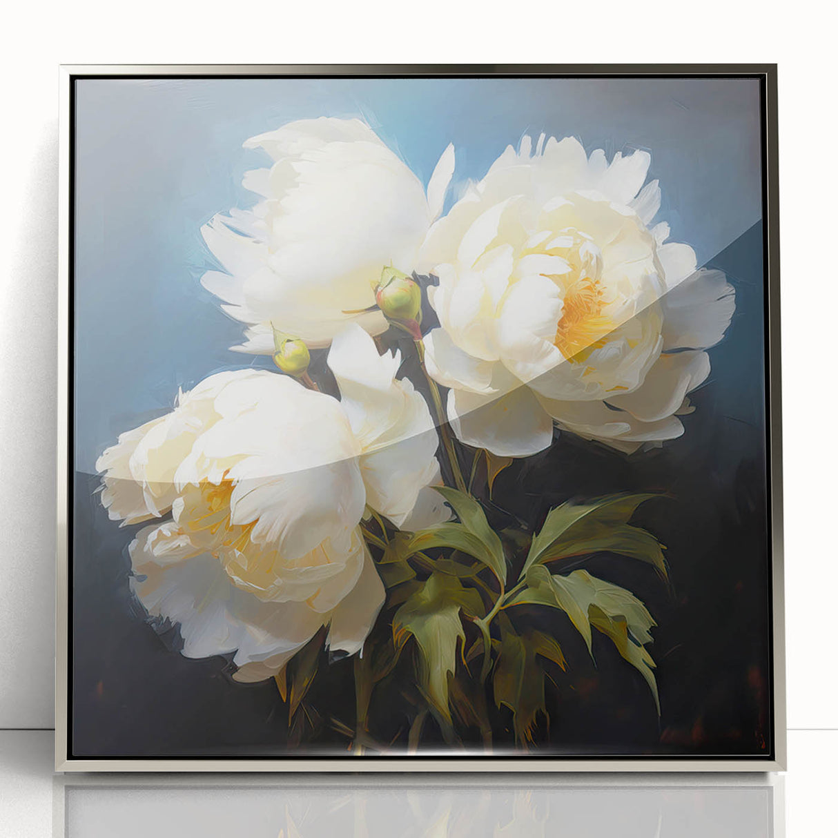 Framed acrylic wall art showcasing a botanical peony design in a silver frame, perfect for home decor, adding elegance and floral beauty to any space.