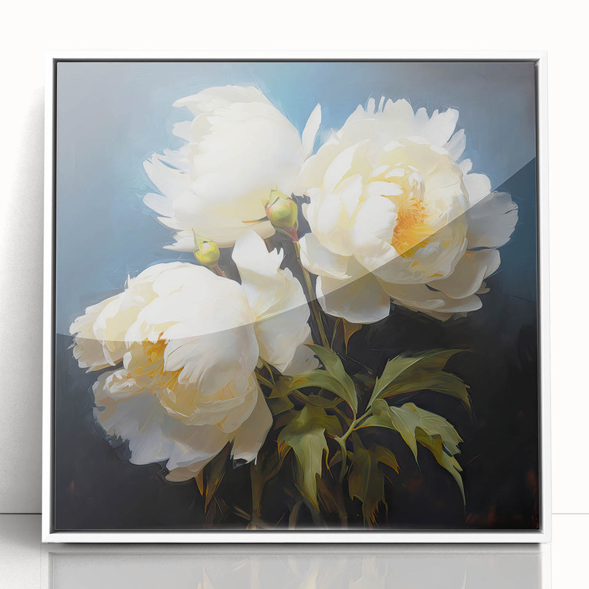 Framed wall art featuring a botanical peony design in soft pink and white hues, elegantly presented in a white frame, perfect for home decor.