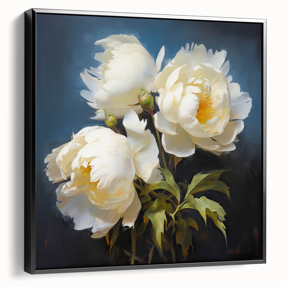 Framed canvas wall art showcasing a botanical peony design, featuring vibrant pink and green hues, displayed in a sleek black frame, ideal for home decor.