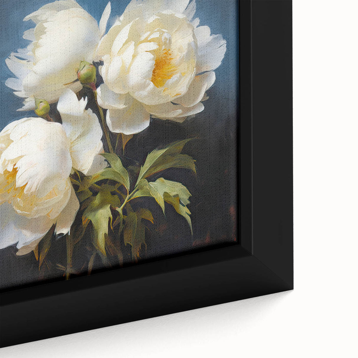 Close-up of a beautifully framed floral wall art piece featuring a botanical design of peonies in soft pink and white hues, ideal for home decor.