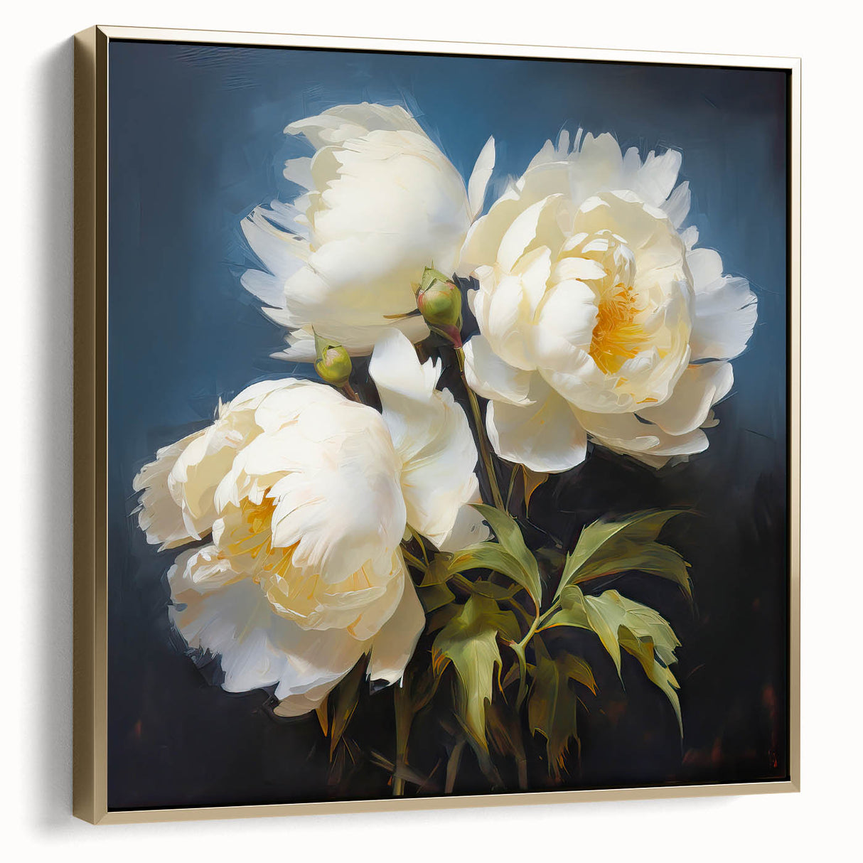 Framed botanical wall art featuring an elegant peony design in silver and gold tones, perfect for home decor, showcasing intricate floral details and a sophisticated aesthetic.