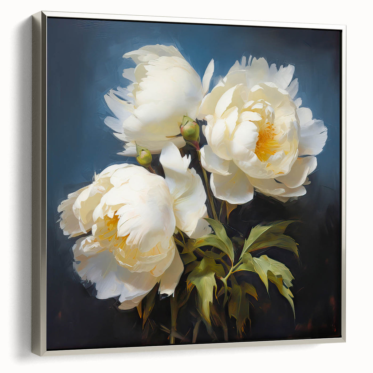 Framed canvas wall art showcasing a botanical peony design with silver accents, presented in a side view. Ideal for enhancing modern home decor with floral elegance.
