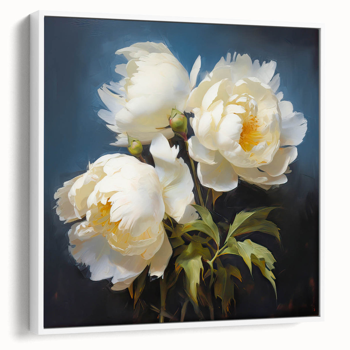 Framed botanical wall art featuring a peony design on a white canvas, showcasing vibrant colors and intricate details, perfect for home decor.