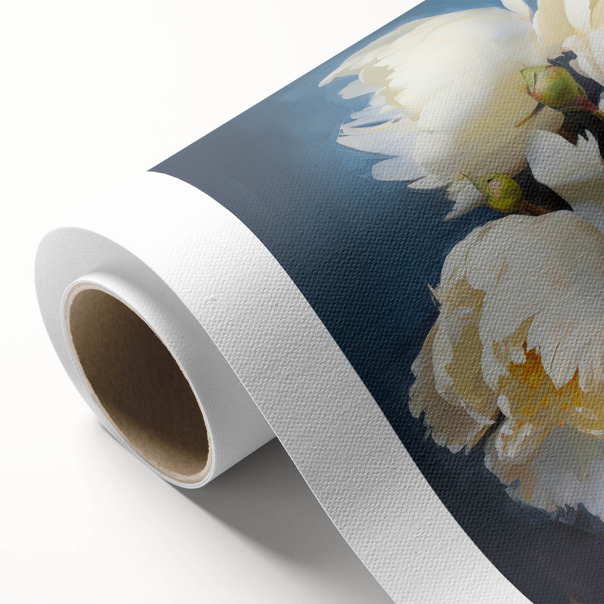 Rolled canvas print showcasing a vibrant botanical peony design, featuring rich pink and green hues, perfect for enhancing home decor with a floral touch.