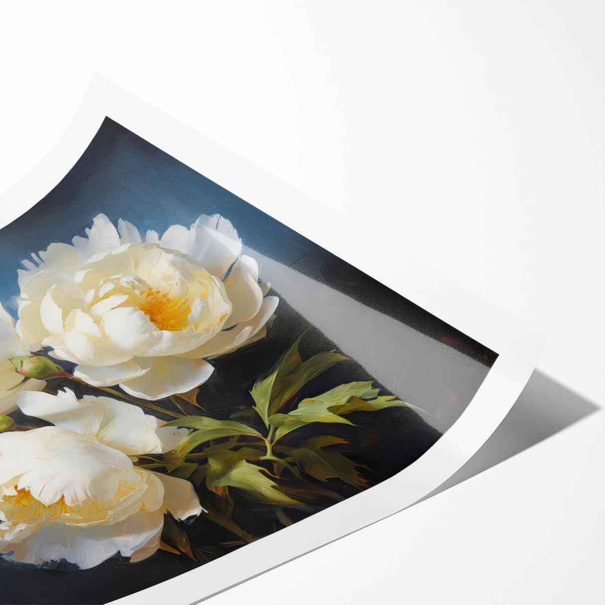 Botanical wall art featuring a vibrant peony design with soft pastel colors, rolled and ready for display, perfect for adding a touch of elegance to any room.