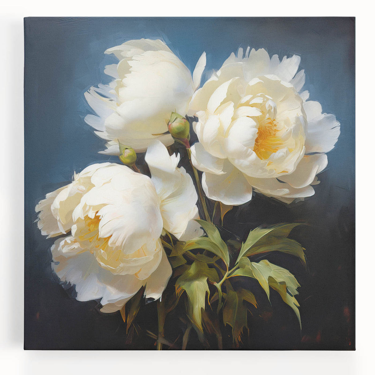 Stretched canvas wall art featuring a vibrant peony botanical design, showcasing intricate floral details and rich colors, perfect for home decor enhancement.