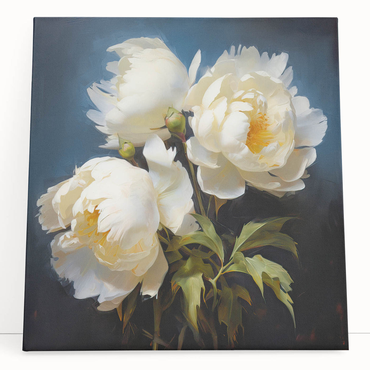 Stretched canvas wall art showcasing a vibrant botanical peony design, featuring delicate pink and white flowers against a soft green background, ideal for home decor.