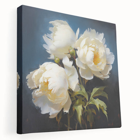 Stretched canvas wall art showcasing a vibrant botanical peony design in soft pink and green hues, ideal for enhancing modern home decor with floral elegance.