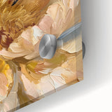 Close-up of botanical wall art featuring a detailed peony design on acrylic glass, showcasing vibrant colors and intricate floral patterns, perfect for home decor.