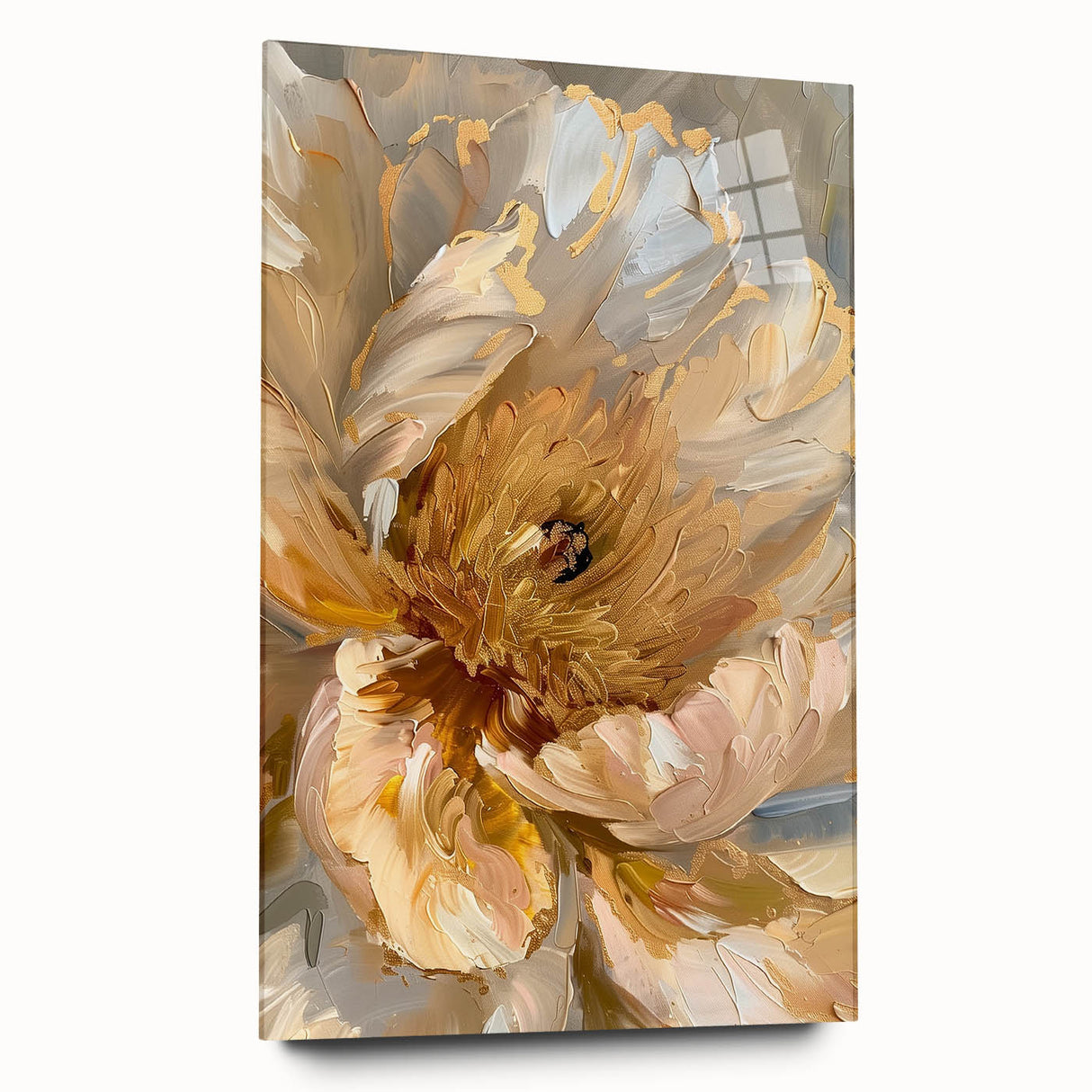 Elegant botanical wall art featuring a side view of a peony design printed on acrylic glass, showcasing vibrant colors and intricate details, perfect for home decor.