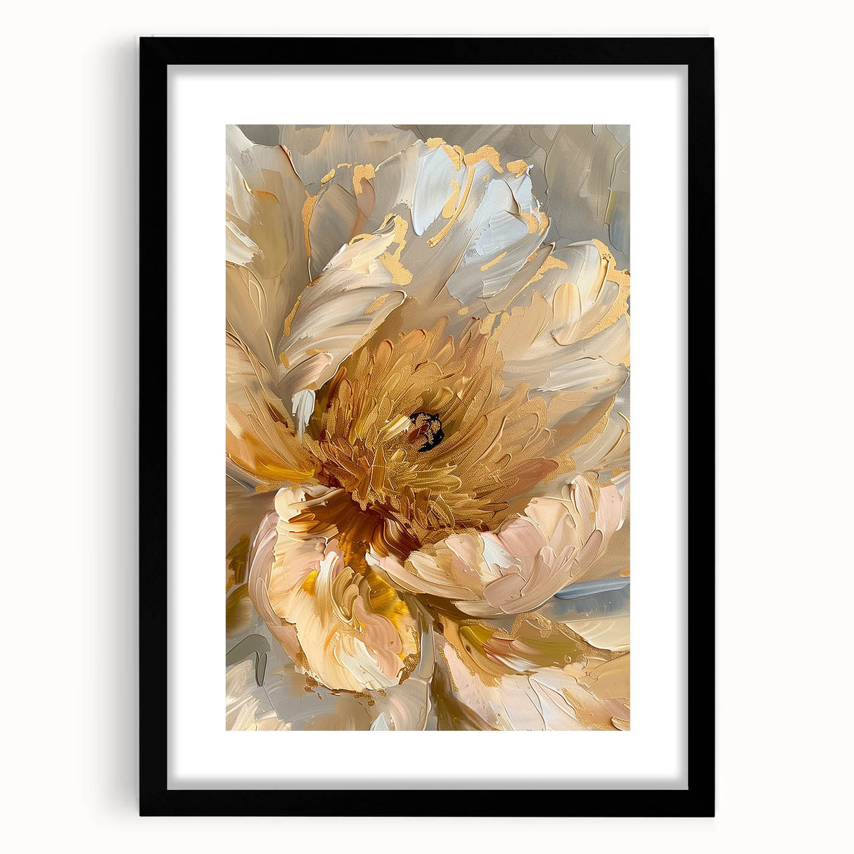 Framed botanical wall art featuring a detailed peony design, accented with a sleek black frame and mat, perfect for home decor. Ideal for flower enthusiasts.