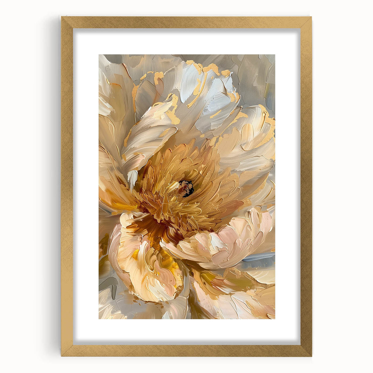 Botanical peony wall art design in a gold frame with a white mat, showcasing elegant floral details. Perfect for home decor to add a touch of nature.