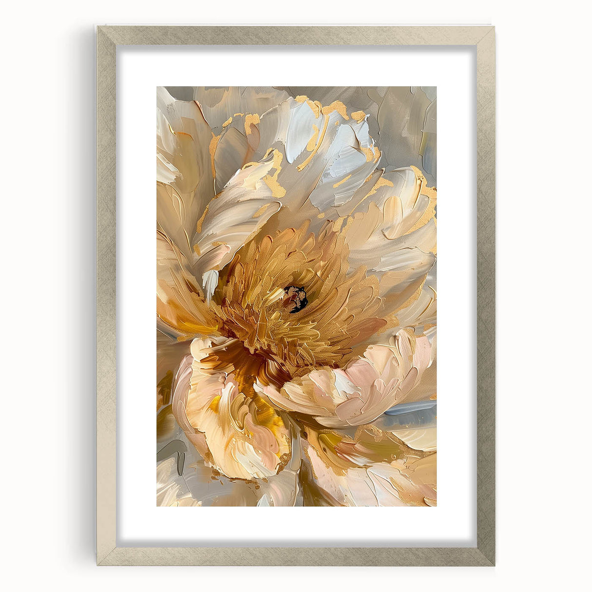 Framed botanical wall art showcasing a detailed peony design with a silver mat and frame, perfect for elegant home decor, emphasizing floral beauty and sophistication.