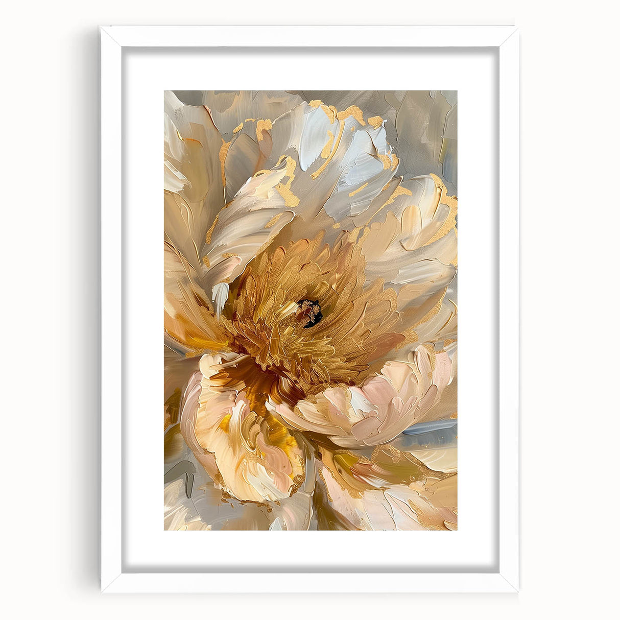 Framed botanical wall art featuring a delicate peony design in soft pink and green hues, presented with a white mat and frame, ideal for elegant home decor.