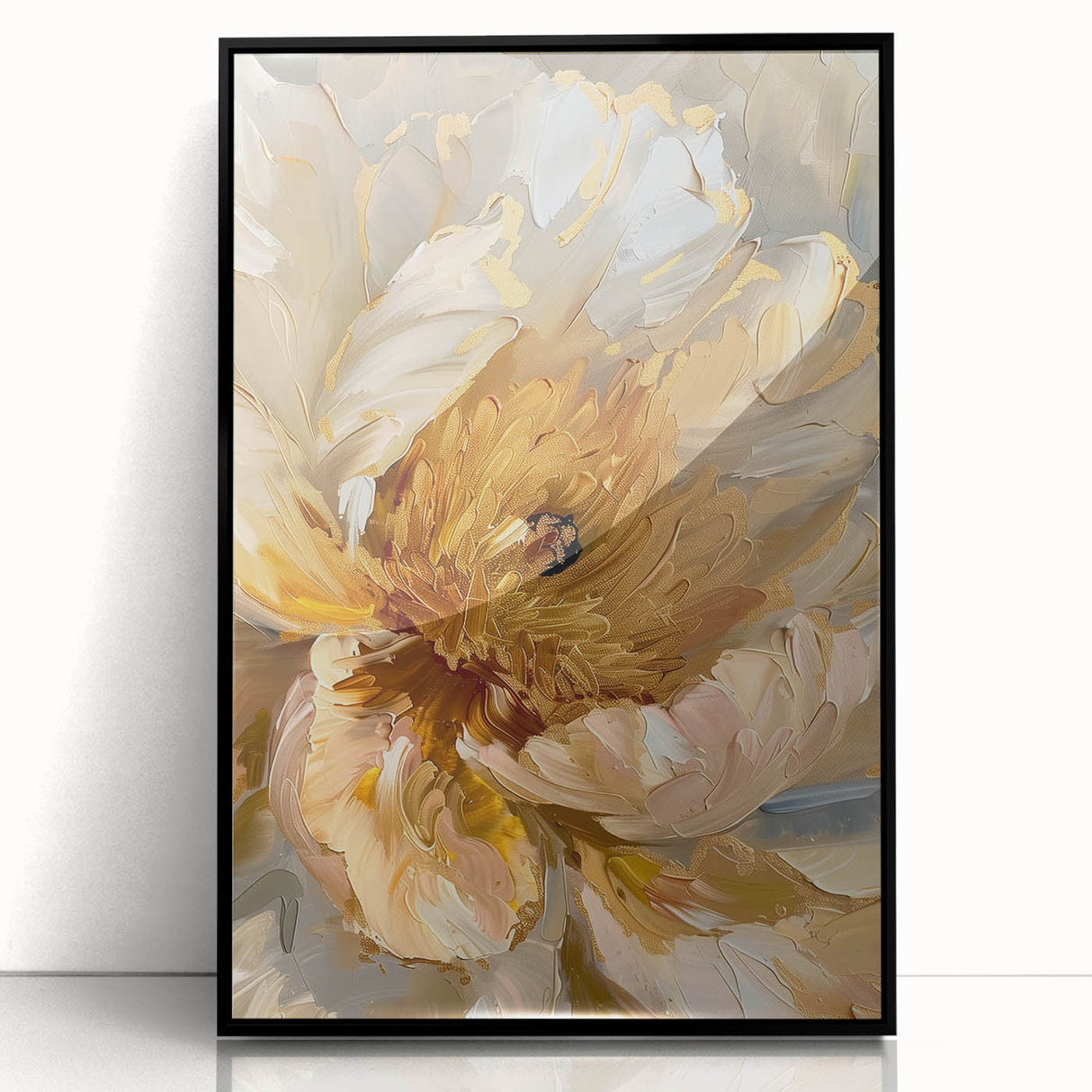 Framed wall art featuring a botanical peony design in vibrant colors, presented in a sleek black frame, perfect for home decor enhancement.