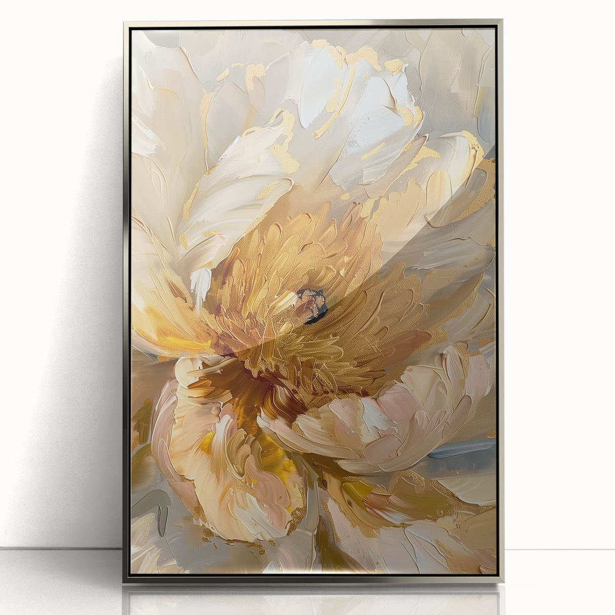 Framed wall art showcasing a botanical peony design in vibrant colors, elegantly displayed with a silver frame, perfect for enhancing home decor.