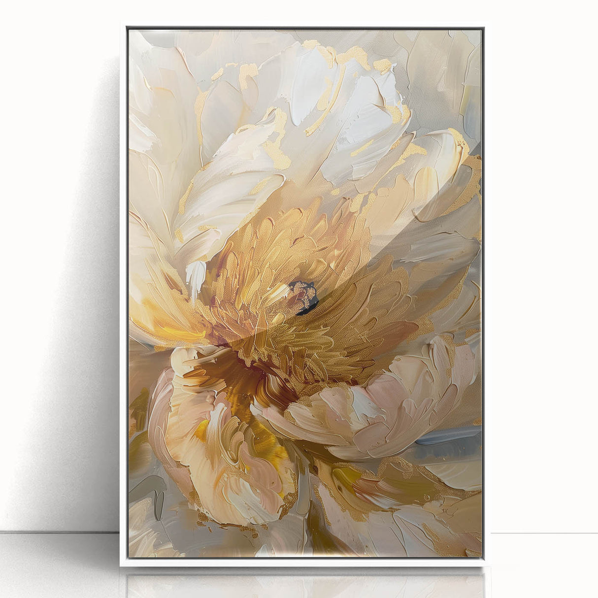 Framed acrylic wall art featuring a botanical peony design, showcasing delicate pink and cream flowers with green leaves, perfect for home decor.