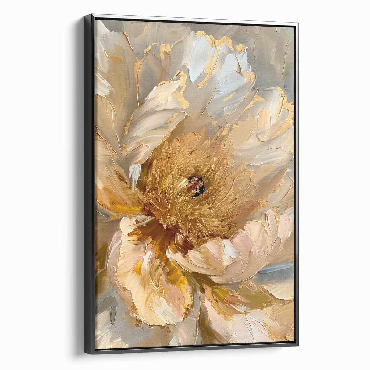 Framed wall art featuring a botanical peony design on textured canvas, presented from a black side view, ideal for enhancing home decor with floral elegance.