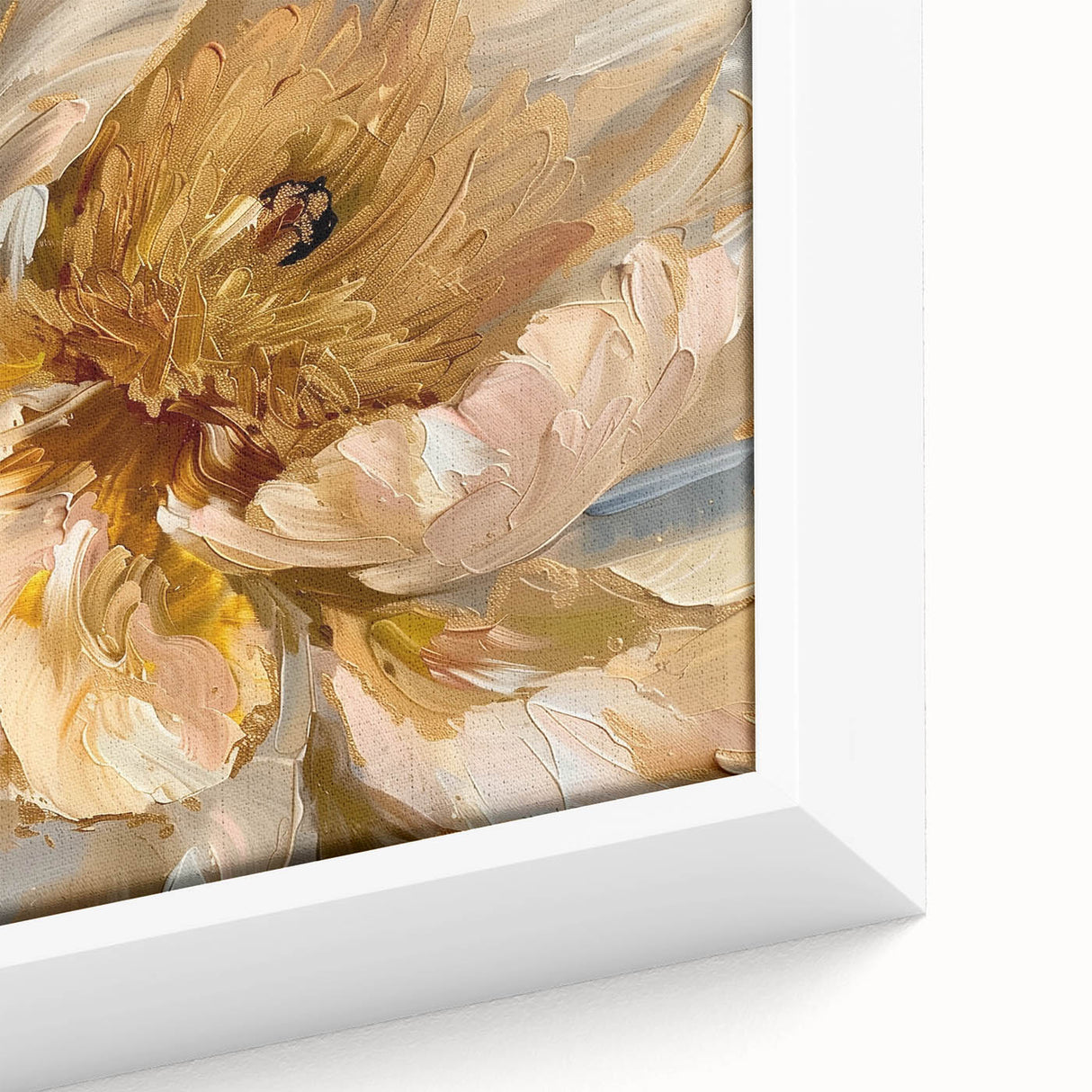 Close-up of a framed canvas art piece showcasing a botanical design featuring vibrant pink peonies on a soft green background, perfect for home decor.