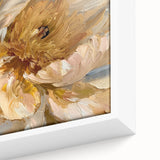 Close-up of a framed canvas art piece showcasing a botanical design featuring vibrant pink peonies on a soft green background, perfect for home decor.