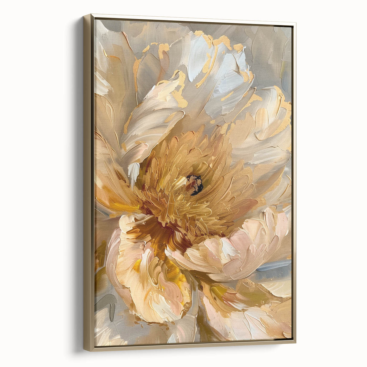 Framed wall art featuring a botanical design of peonies in soft pink and white hues, set in a gold frame, showcasing elegant floral details and a side view perspective. Ideal for enhancing home decor with a touch of nature-inspired elegance.