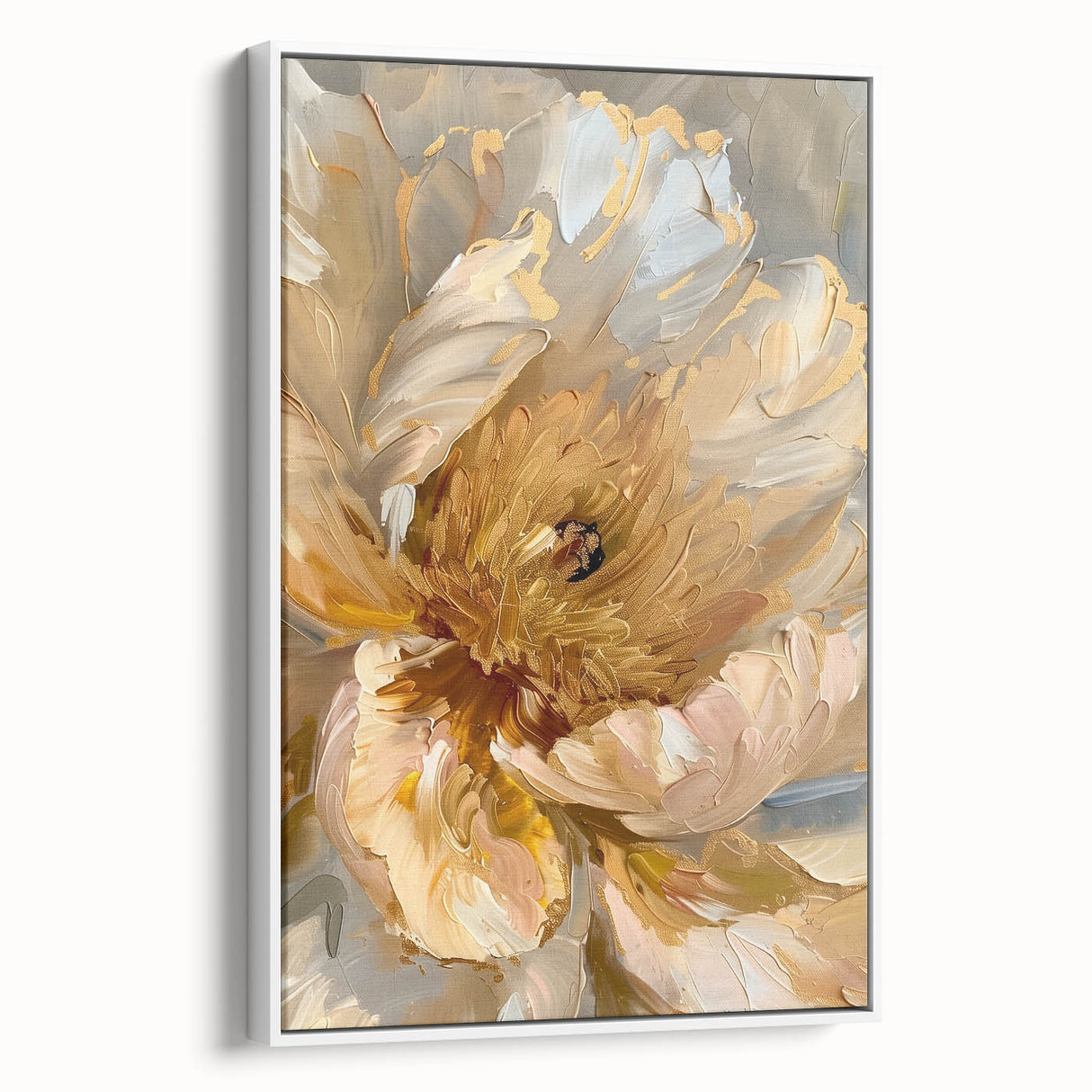 Framed canvas featuring a botanical peony design in soft pink and white hues, showcasing intricate floral details against a minimalist background, ideal for home decor.