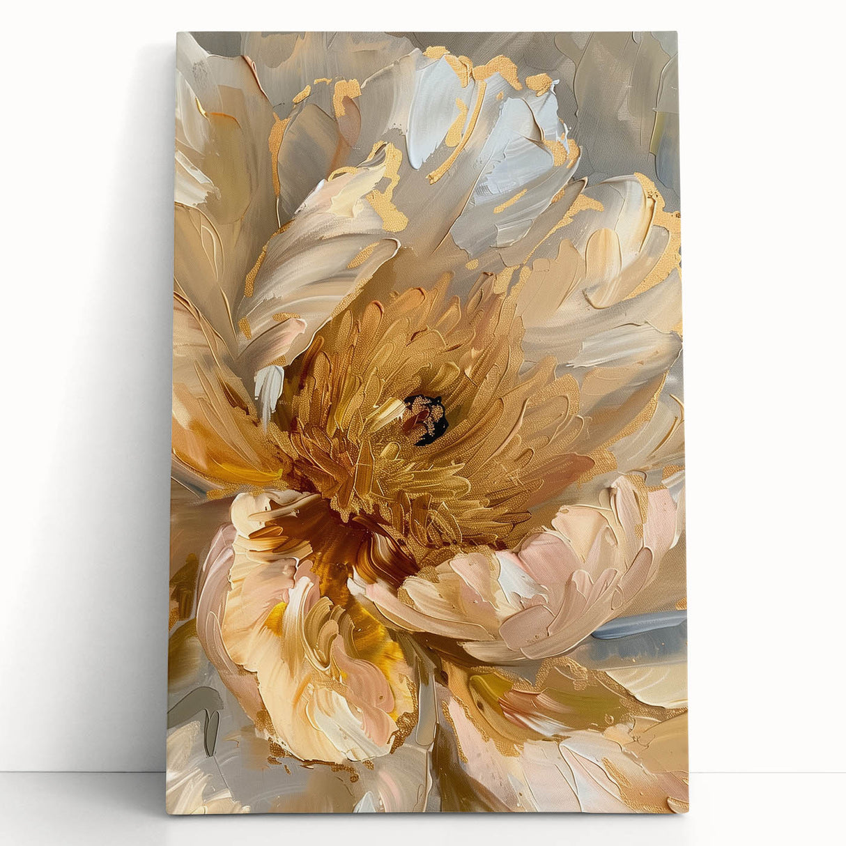 Botanical peony wall art design on stretched canvas, showcasing vibrant pink and green colors, elegantly leaning against a neutral wall for decorative appeal.