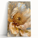 Botanical peony wall art design on stretched canvas, showcasing vibrant pink and green colors, elegantly leaning against a neutral wall for decorative appeal.