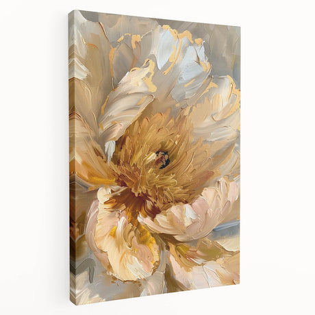 Elegant botanical peony wall art design printed on stretched canvas, showcasing soft pink and cream flowers with green foliage, perfect for home decor.