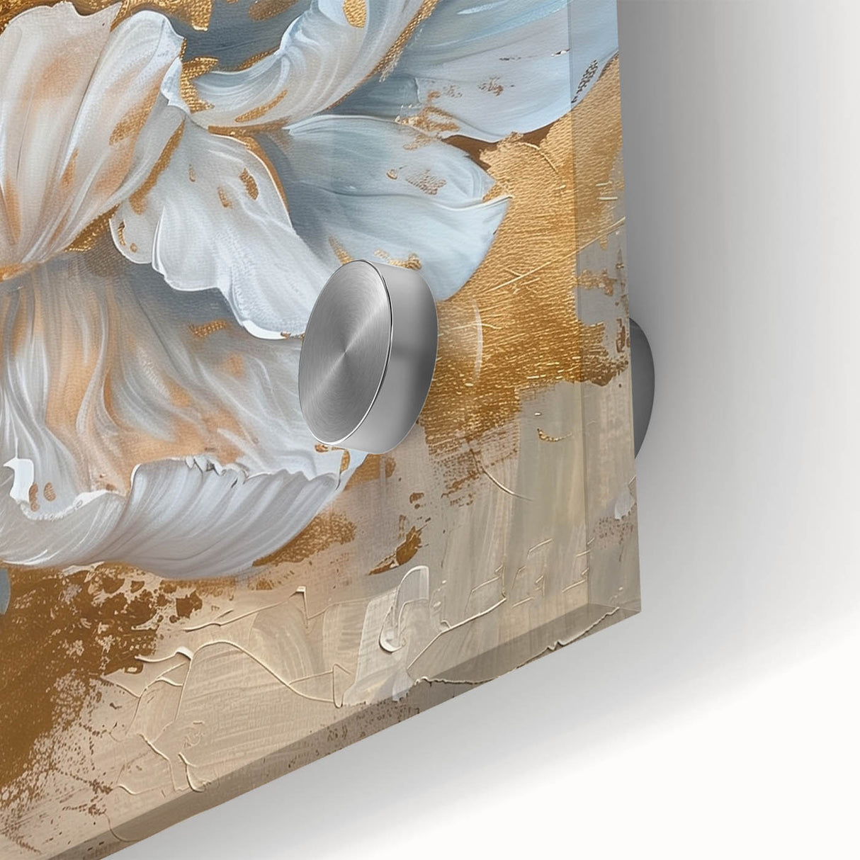 Close-up of a botanical peony wall art design showcasing vibrant pink and white flowers on acrylic glass, ideal for home decor or floral-themed spaces.