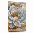 Elegant botanical wall art featuring a peony design, displayed in a side view with pins on an acrylic glass surface, showcasing vibrant colors and intricate details. Perfect for adding a touch of nature to home decor.