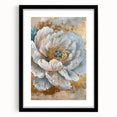 Peony botanical wall art design framed in black, showcasing delicate pink and white flowers against a white background, ideal for home decor.