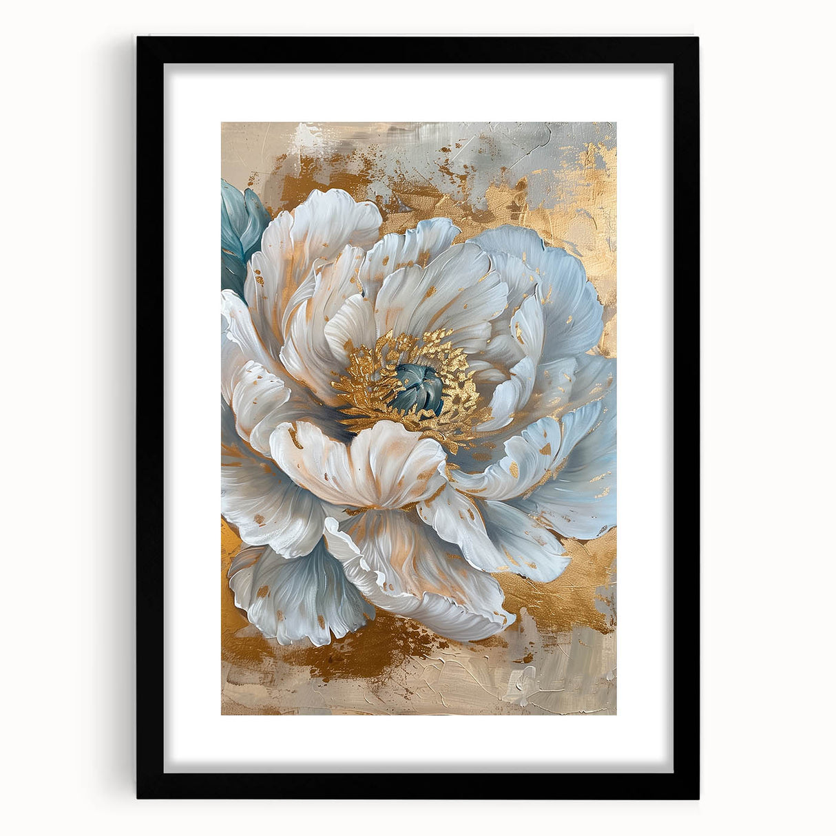 Peony botanical wall art design framed in black, showcasing delicate pink and white flowers against a white background, ideal for home decor.