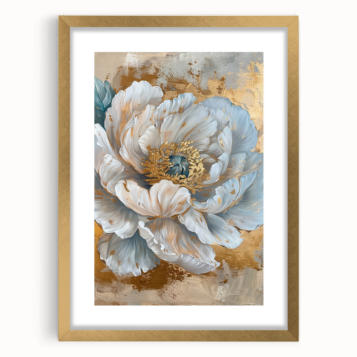 Botanical wall art featuring a delicate peony design framed in gold, showcasing intricate floral details and soft pastel colors, perfect for home decor.