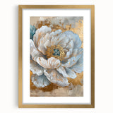 Botanical wall art featuring a delicate peony design framed in gold, showcasing intricate floral details and soft pastel colors, perfect for home decor.