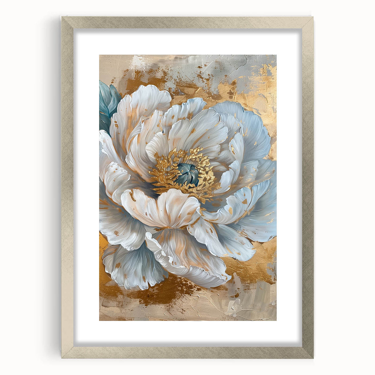 Framed botanical wall art showcasing a delicate peony design, featuring a silver mat and frame. Ideal for enhancing any home decor with elegance and charm.