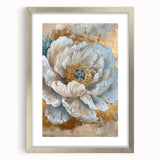 Framed botanical wall art showcasing a delicate peony design, featuring a silver mat and frame. Ideal for enhancing any home decor with elegance and charm.