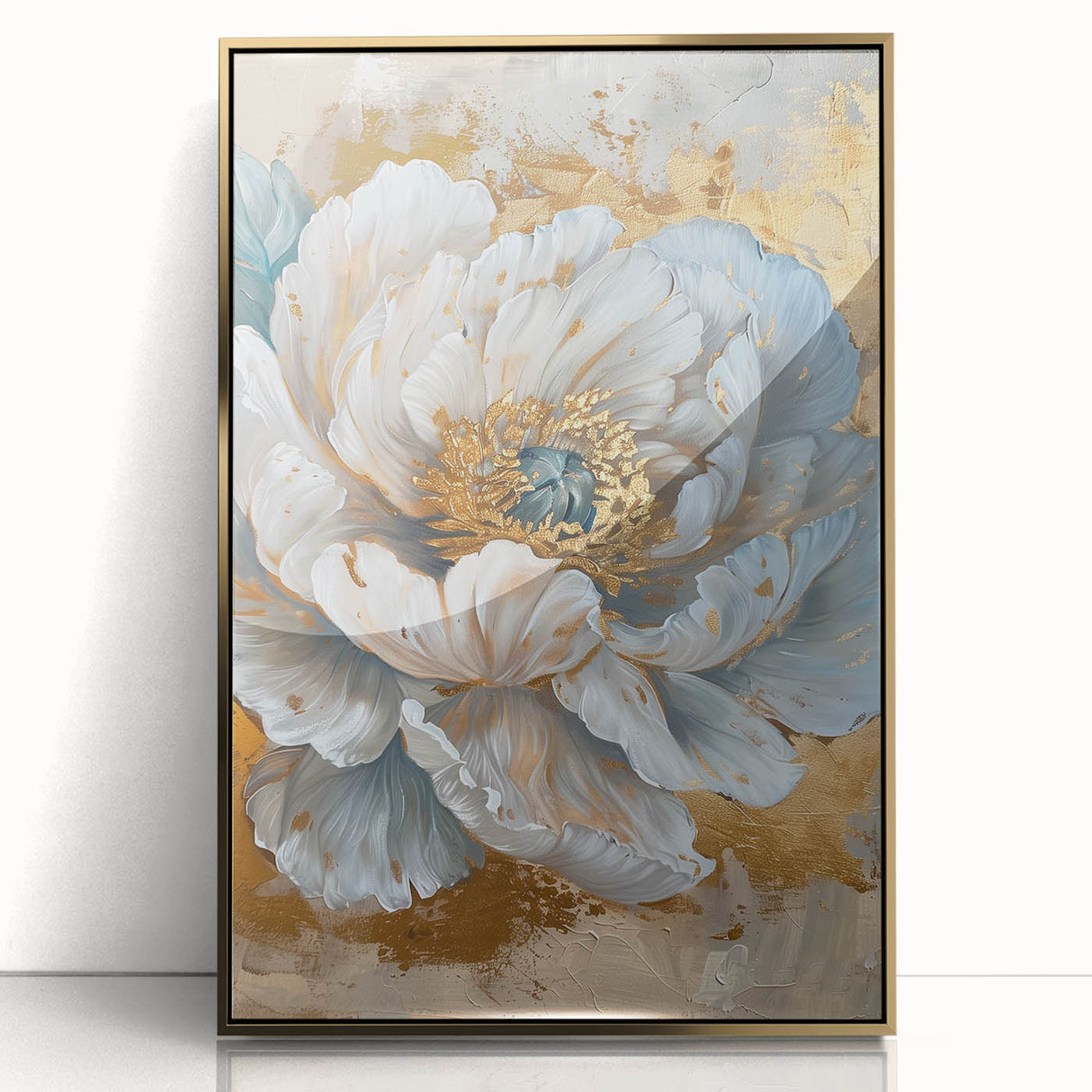 Framed wall art showcasing a botanical peony design with vibrant pink and white flowers, set in an elegant gold frame, perfect for home decor enhancement.