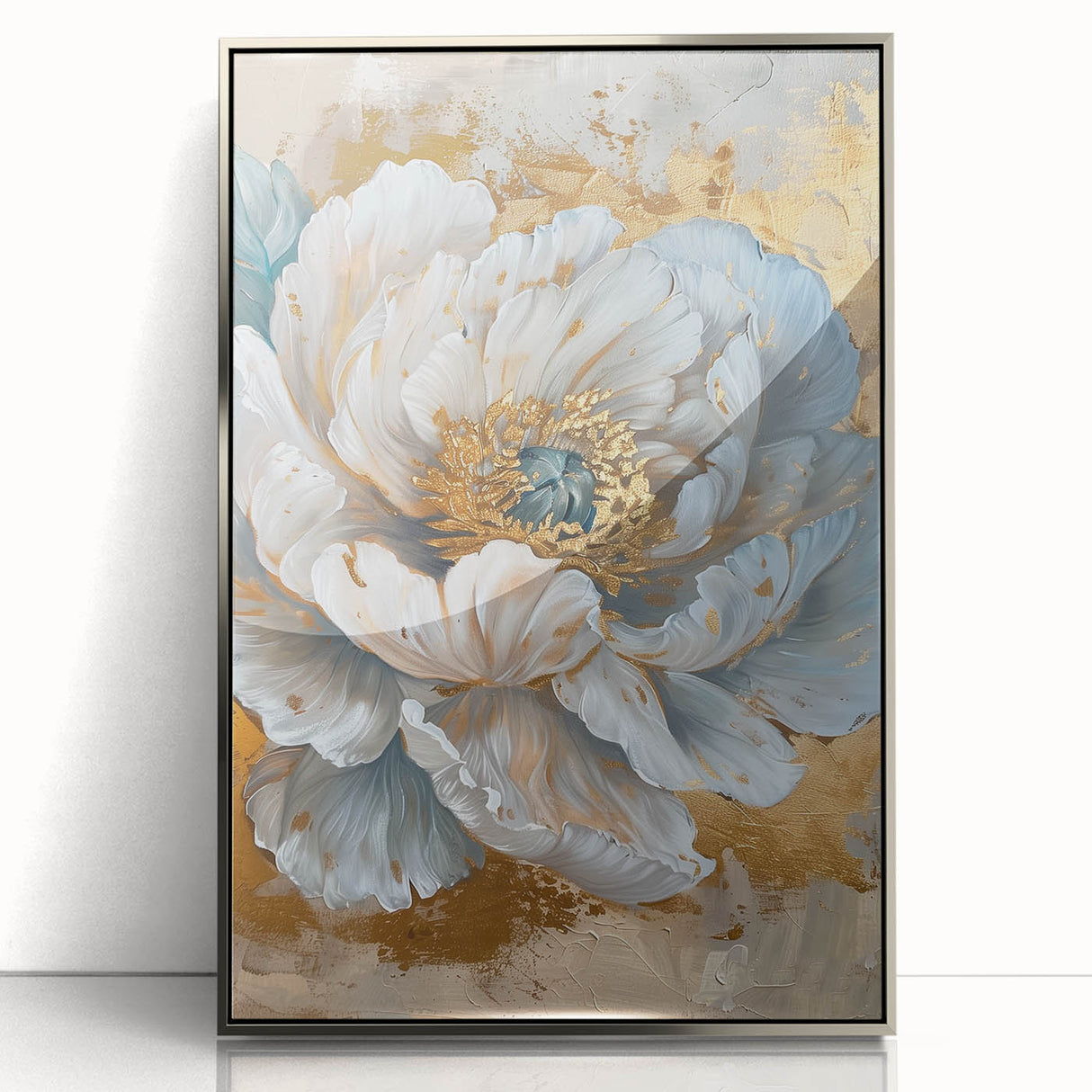 Framed acrylic wall art featuring a botanical peony design in silver, showcasing vibrant colors and intricate floral details, perfect for home decor.