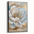 Framed botanical wall art featuring a peony design on canvas with a sleek black frame, showcasing vibrant pink and green hues, ideal for home decor.
