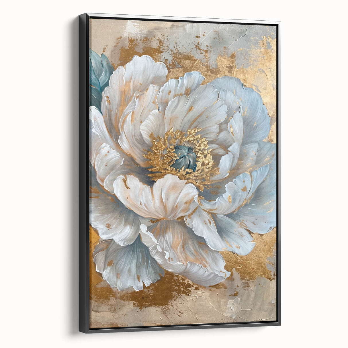 Framed botanical wall art featuring a peony design on canvas with a sleek black frame, showcasing vibrant pink and green hues, ideal for home decor.