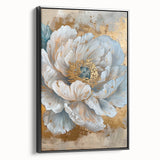 Framed botanical wall art featuring a peony design on canvas with a sleek black frame, showcasing vibrant pink and green hues, ideal for home decor.
