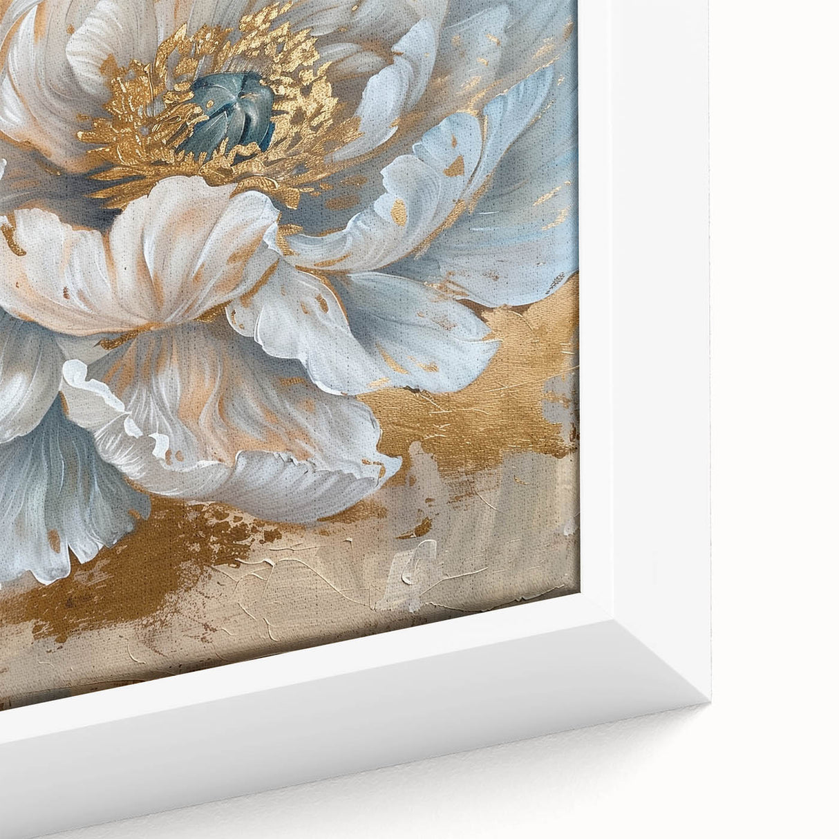 Close-up of a framed botanical wall art piece featuring a vibrant peony design on canvas, showcasing intricate details and rich colors, perfect for home decor.