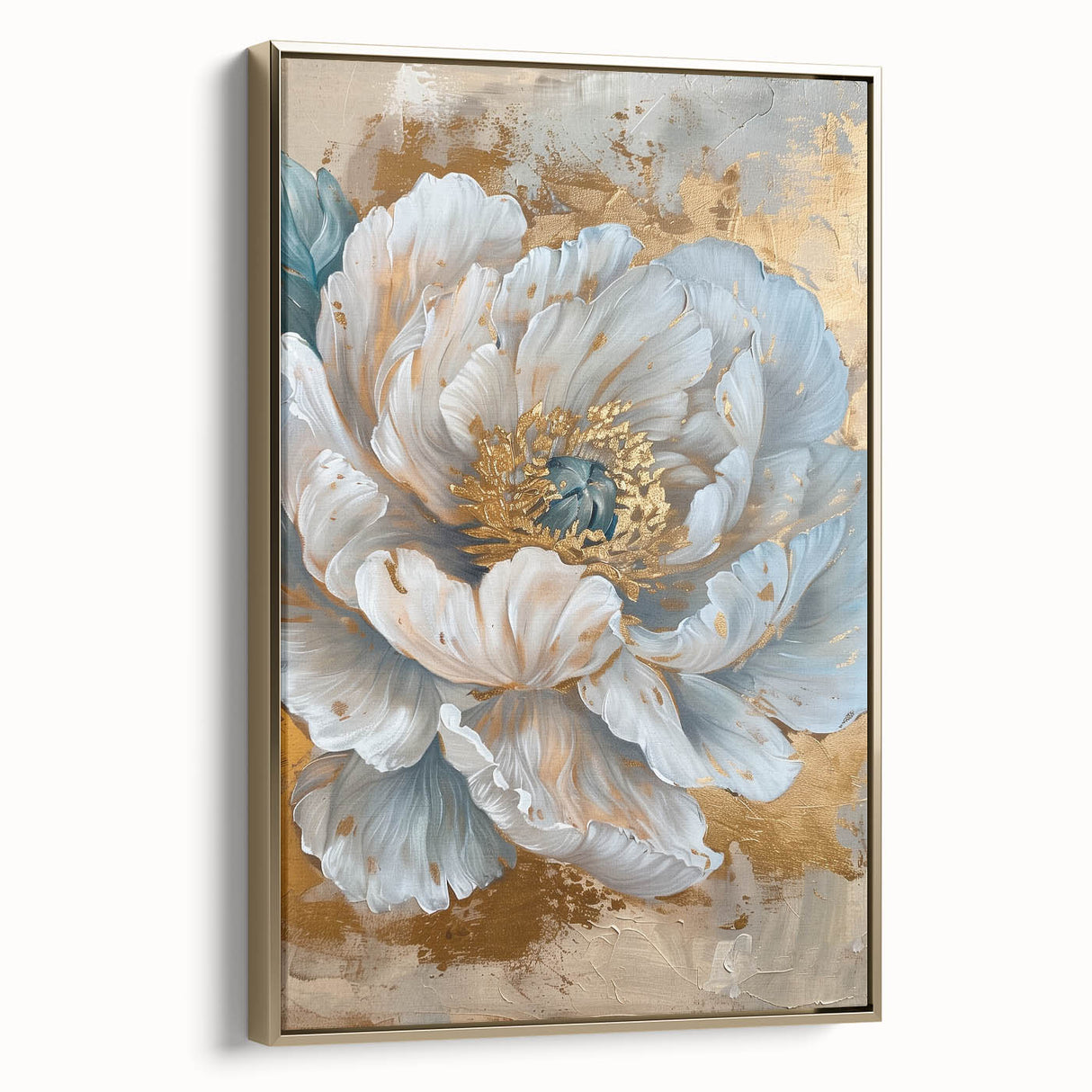 Framed botanical wall art featuring a delicate peony design on canvas with a gold frame, showcasing vibrant floral colors and elegant details, perfect for home decor.